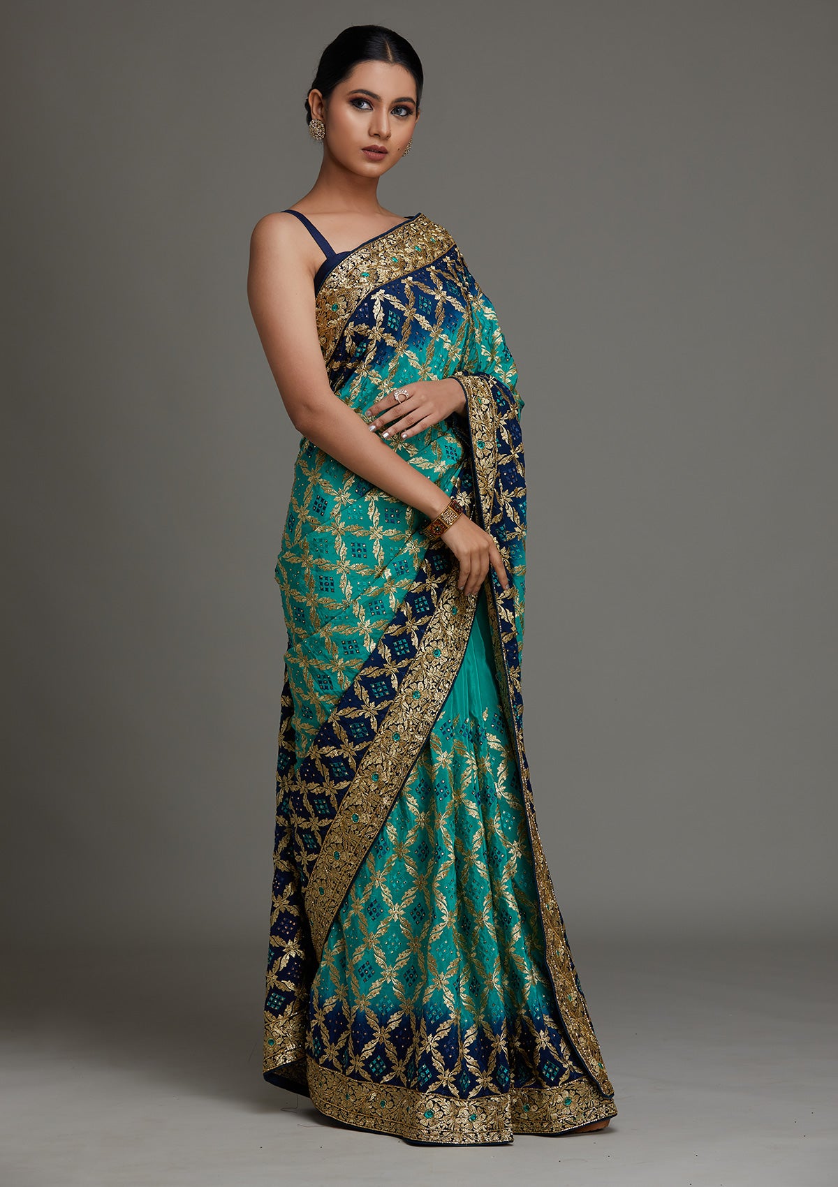 Sea Green Stonework Semi Crepe Saree - Koskii