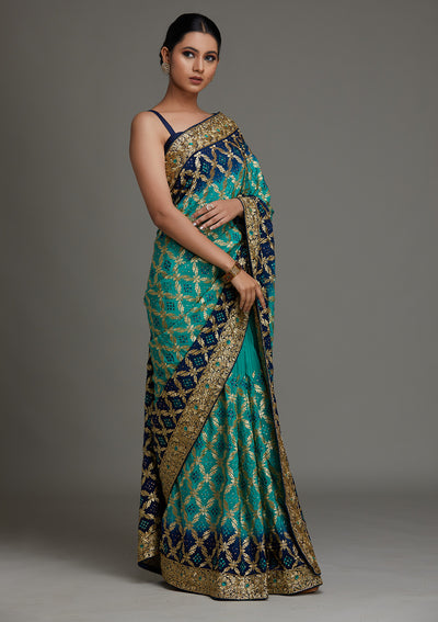Sea Green Stonework Semi Crepe Saree - Koskii