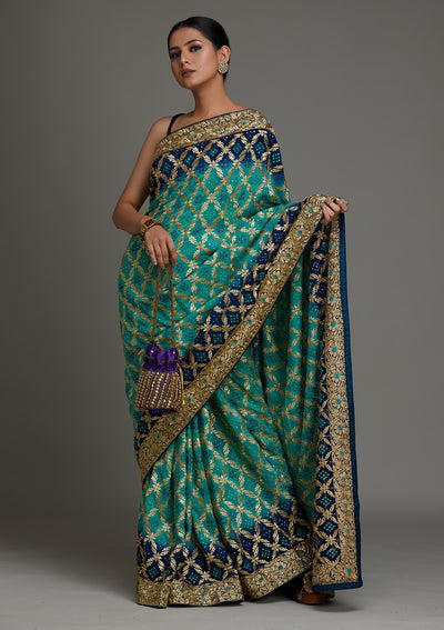 Sea Green Stonework Semi Crepe Saree - Koskii