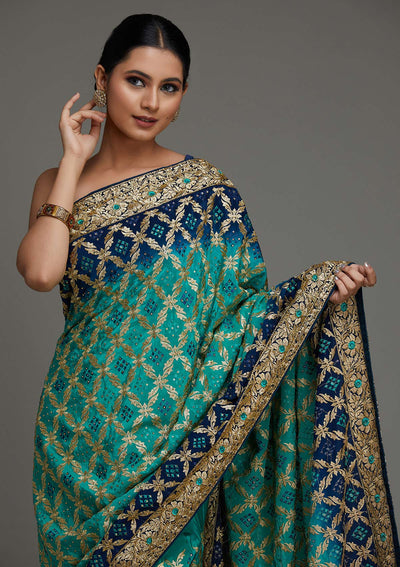 Sea Green Stonework Semi Crepe Saree - Koskii