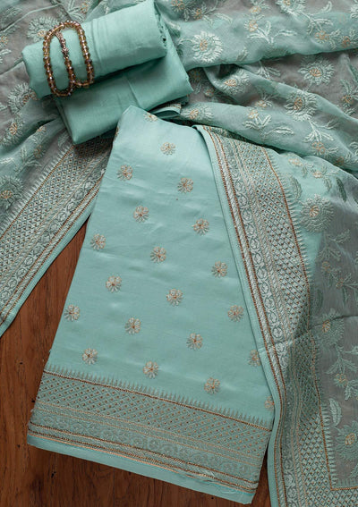 Sea Green Swarovski Chanderi Designer Unstitched Salwar Suit - koskii
