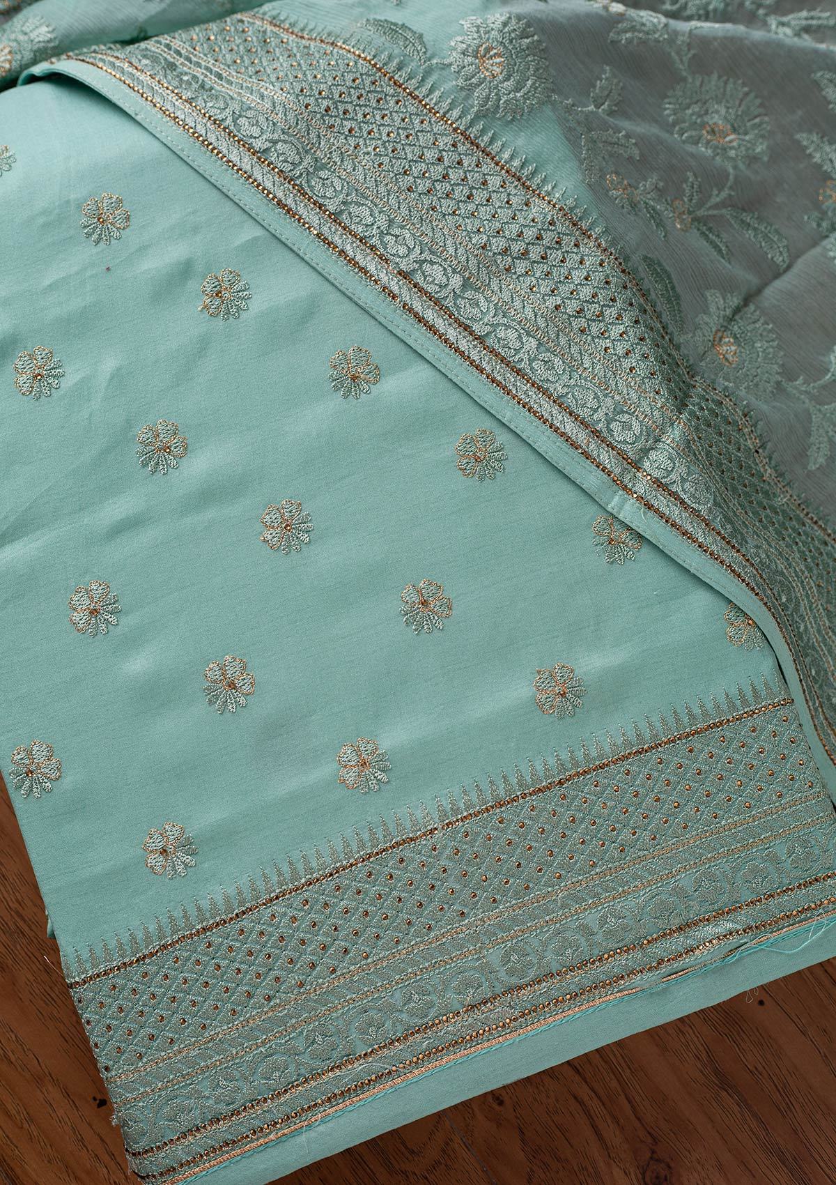 Sea Green Swarovski Chanderi Designer Unstitched Salwar Suit - koskii