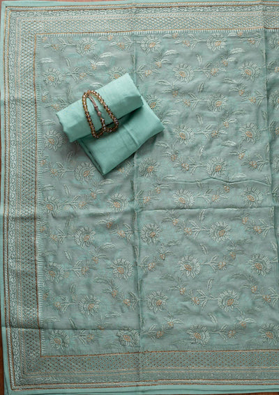 Sea Green Swarovski Chanderi Designer Unstitched Salwar Suit - koskii