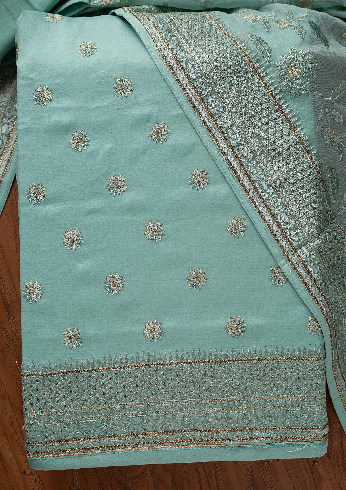 Sea Green Swarovski Chanderi Designer Unstitched Salwar Suit - koskii
