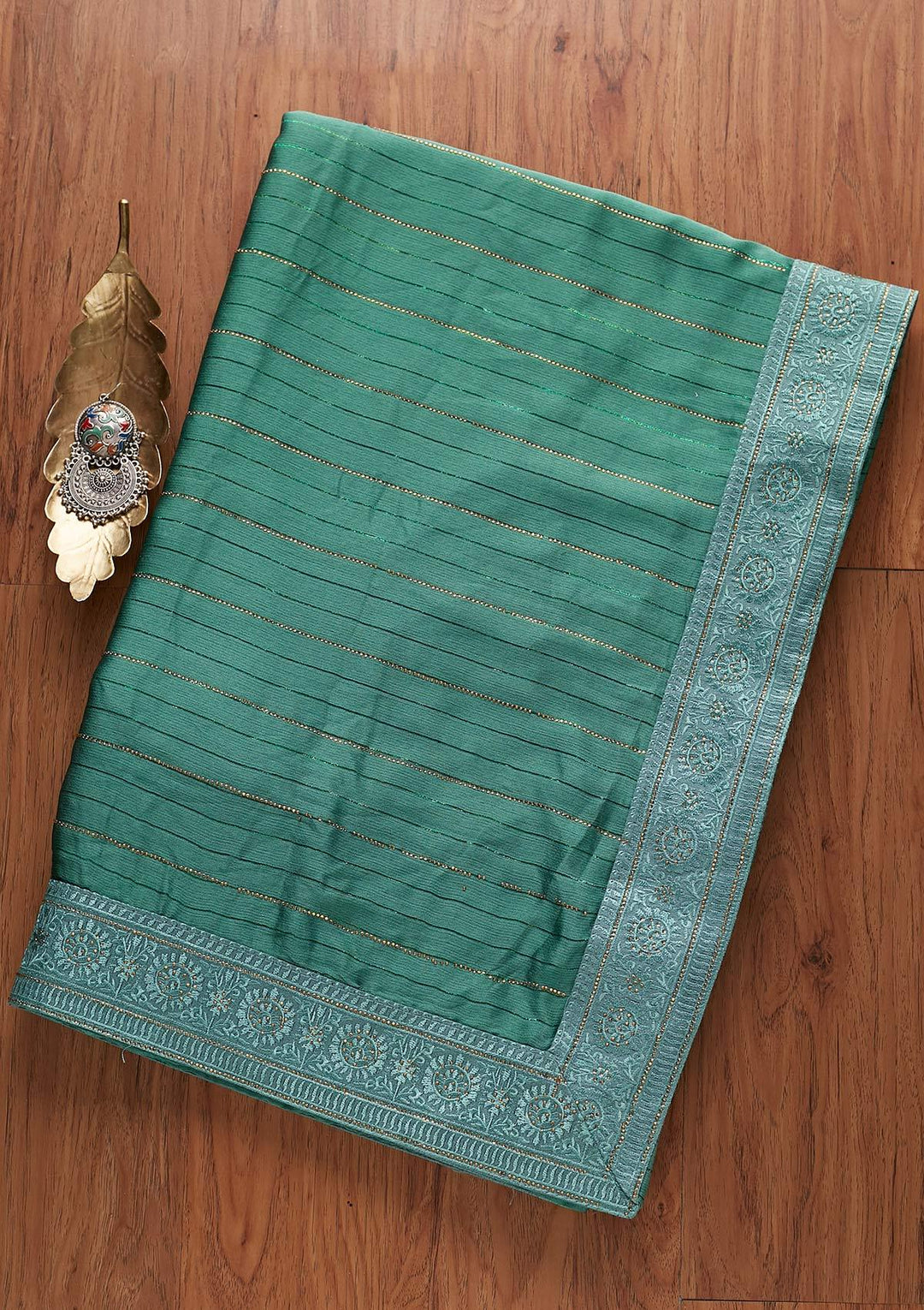 Sea Green Swarovski Georgette Designer Saree - koskii