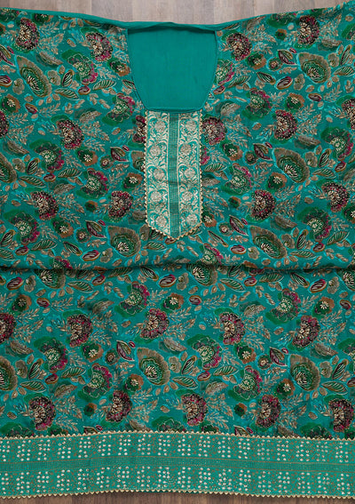 Sea Green Semi Crepe Swarovski Unstitched Salwar Suit-Koskii
