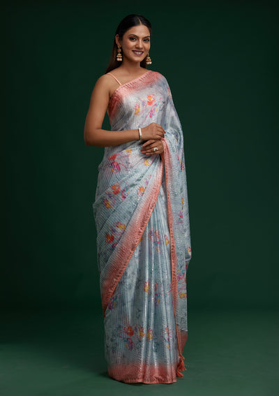 Sea Green Swarovski Taffeta Silk Saree- Koskii