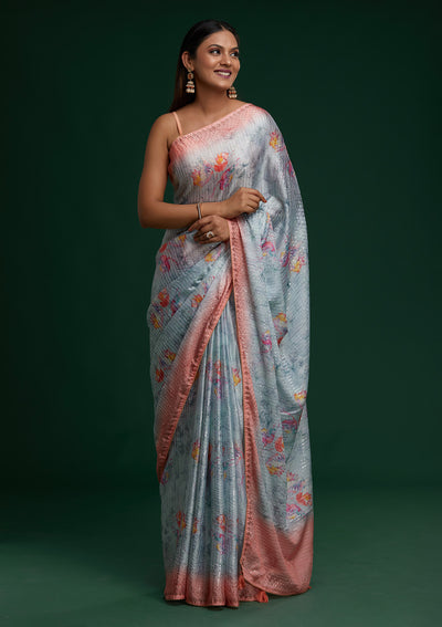 Sea Green Swarovski Taffeta Silk Saree - Koskii
