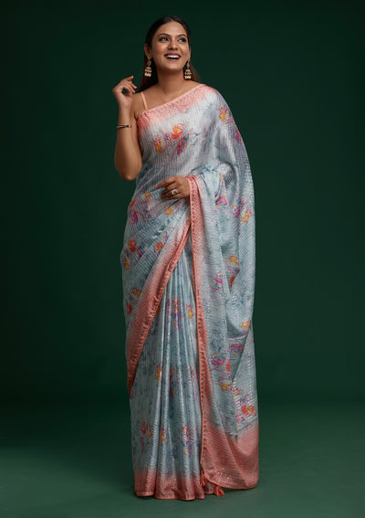 Sea Green Swarovski Taffeta Silk Saree - Koskii