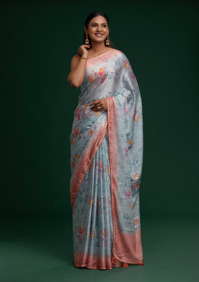 Sea Green Swarovski Taffeta Silk Saree - Koskii