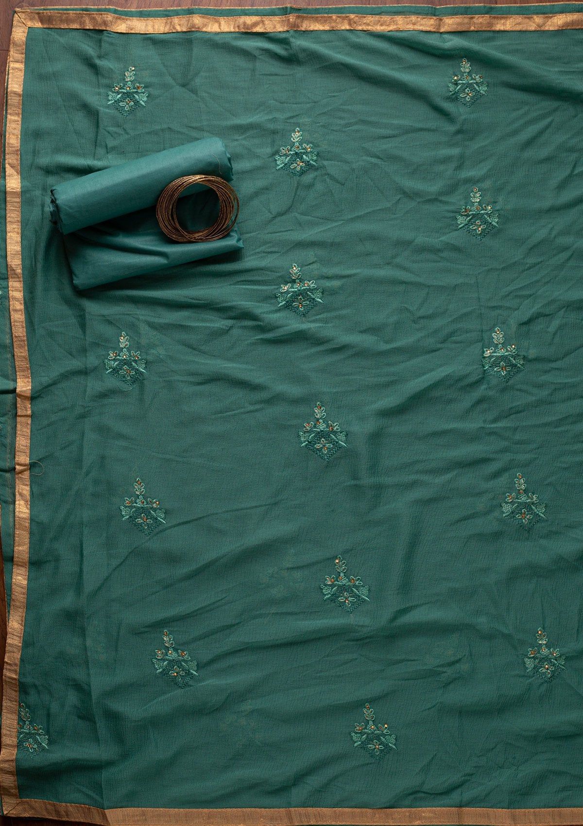 Sea Green Threadwork Chanderi Designer Unstitched Salwar Suit - koskii