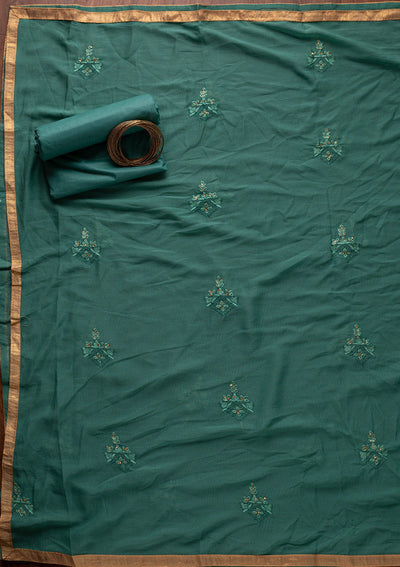 Sea Green Threadwork Chanderi Designer Unstitched Salwar Suit - koskii