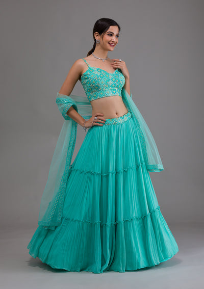 Sea Green Threadwork Georgette Designer Lehenga-Koskii