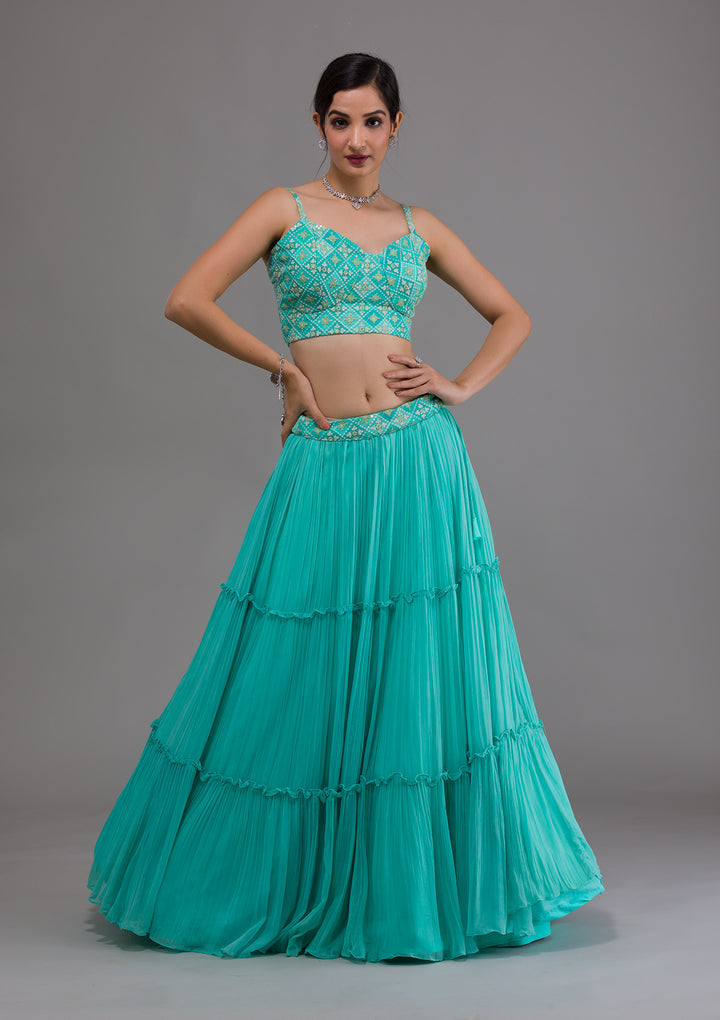 Sea Green Threadwork Georgette Designer Lehenga-Koskii