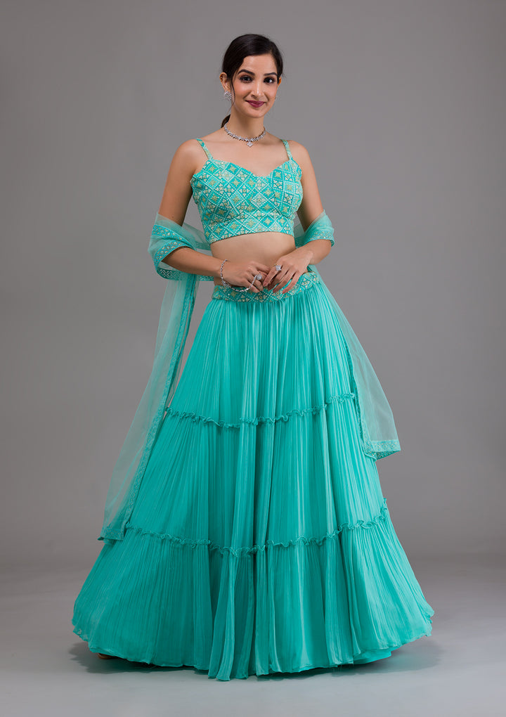 Sea Green Threadwork Georgette Designer Lehenga-Koskii