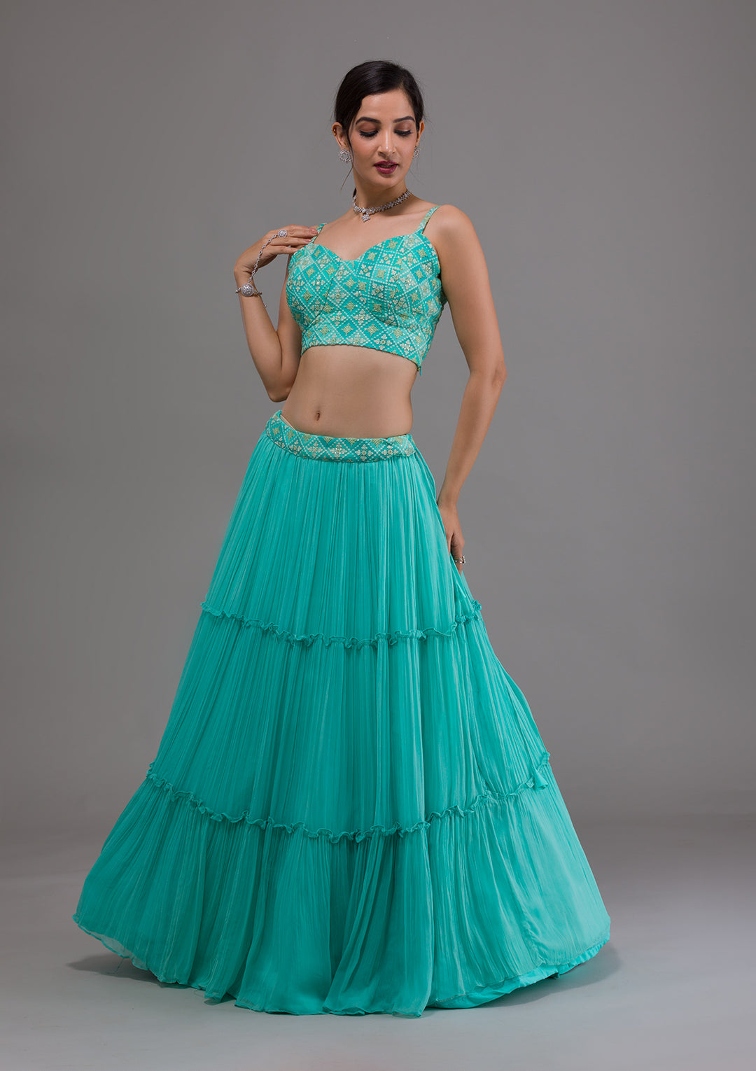 Sea Green Threadwork Georgette Designer Lehenga-Koskii
