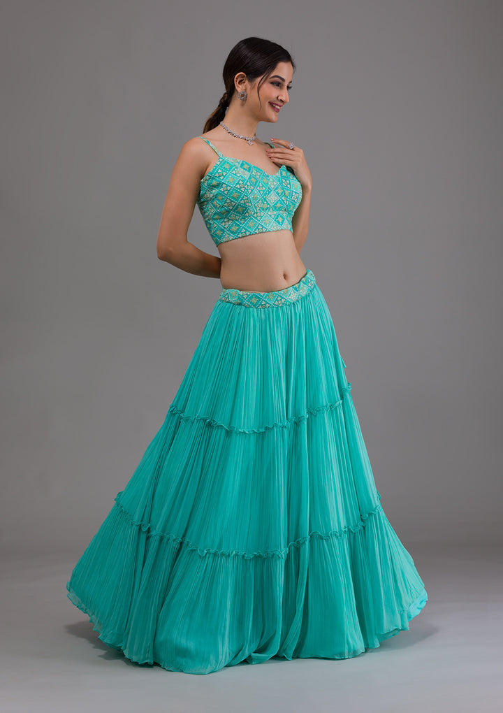 Sea Green Threadwork Georgette Designer Lehenga-Koskii