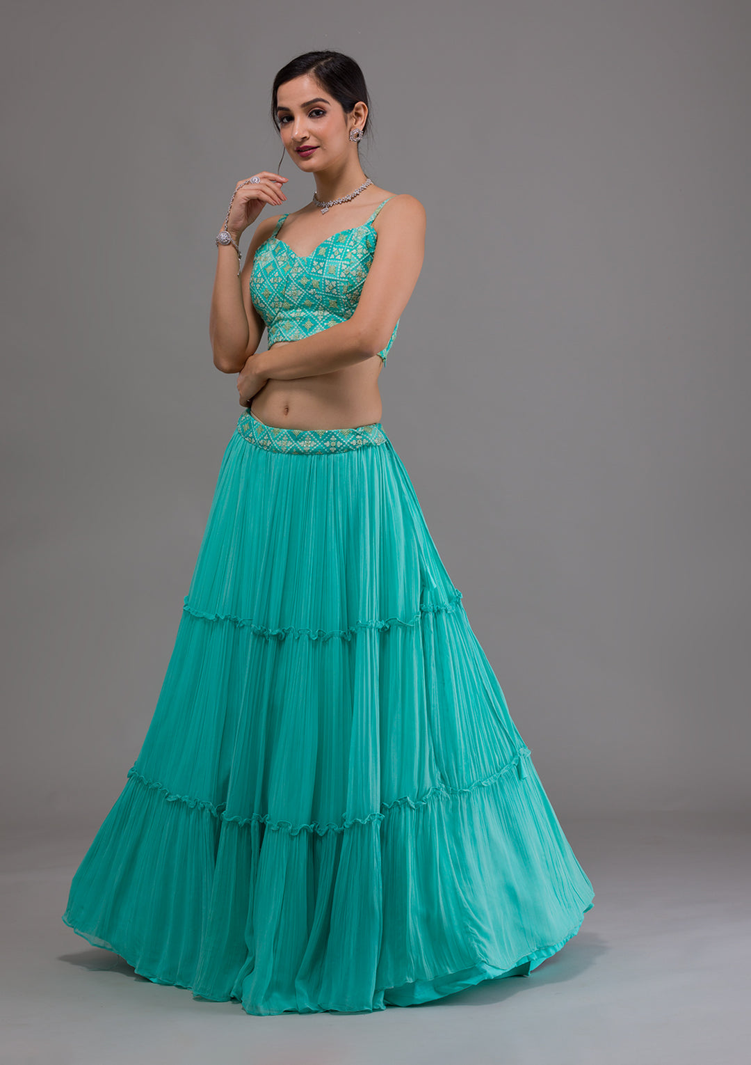 Sea Green Threadwork Georgette Designer Lehenga-Koskii