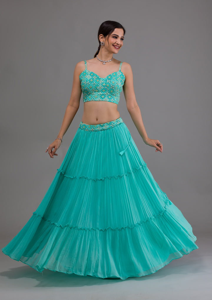 Sea Green Threadwork Georgette Designer Lehenga-Koskii