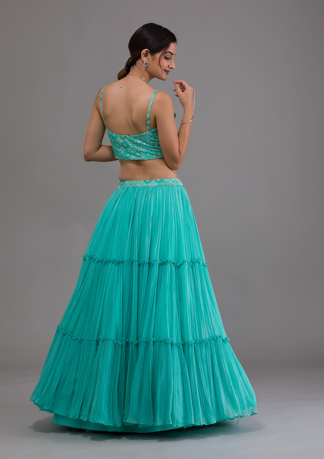 Sea Green Threadwork Georgette Designer Lehenga-Koskii