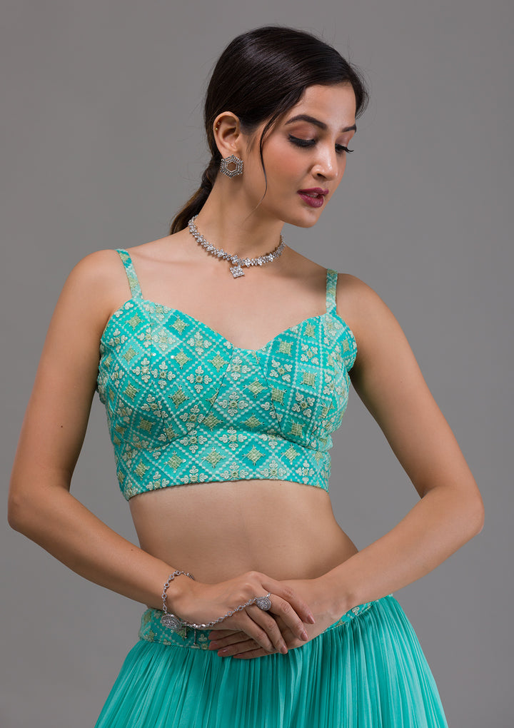 Sea Green Threadwork Georgette Designer Lehenga-Koskii