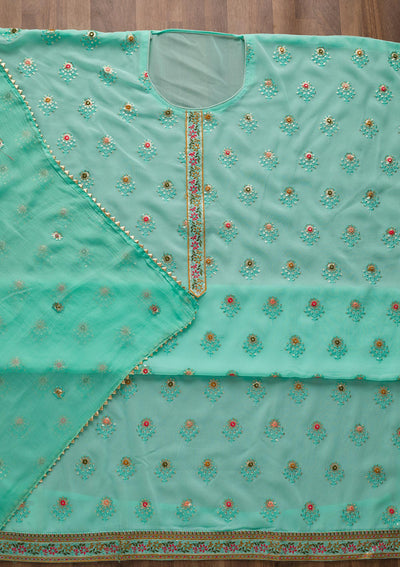 Sea Green Threadwork Georgette Semi-Stitched Salwar Suit-Koskii