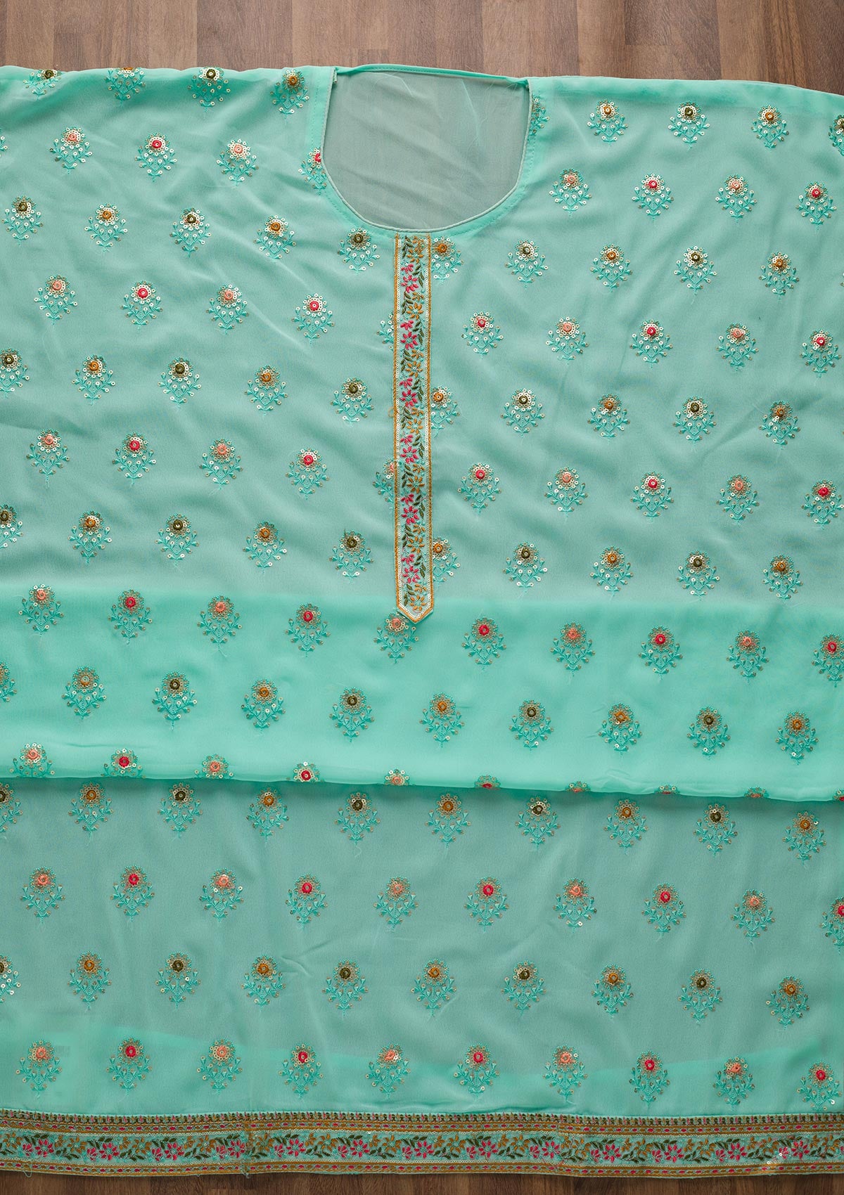 Sea Green Threadwork Georgette Semi-Stitched Salwar Suit-Koskii