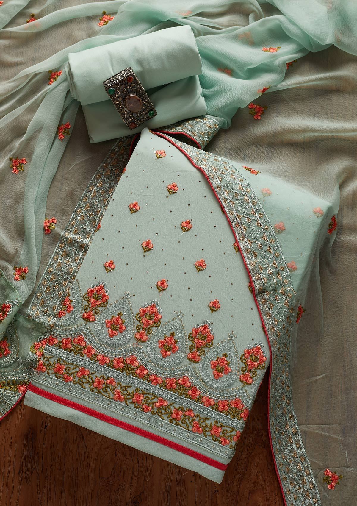 Sea Green Threadwork Georgette Designer Unstitched Salwar Suit - koskii