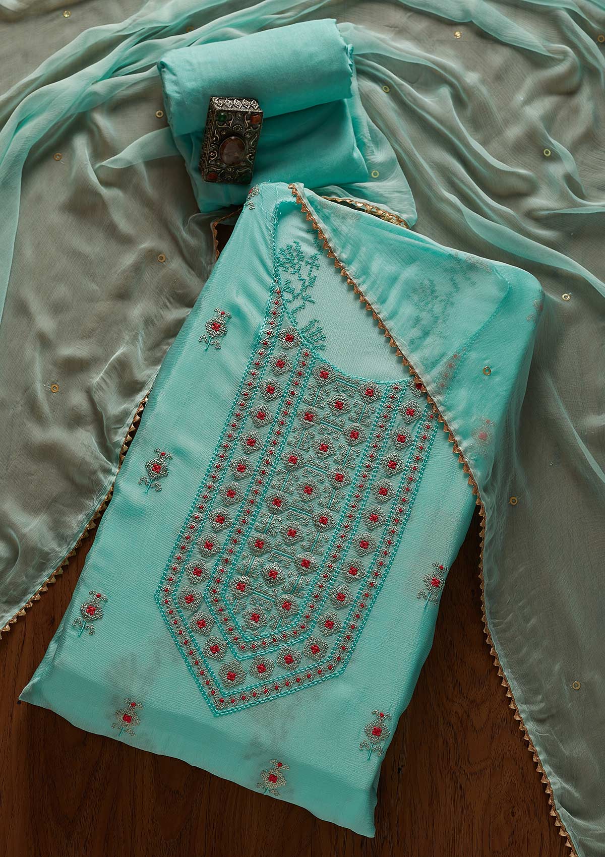Sea Green Threadwork Georgette Designer Unstitched Salwar Suit - koskii