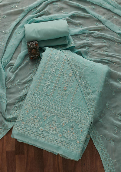 Sea Green Threadwork Georgette Designer Unstitched Salwar Suit - Koskii
