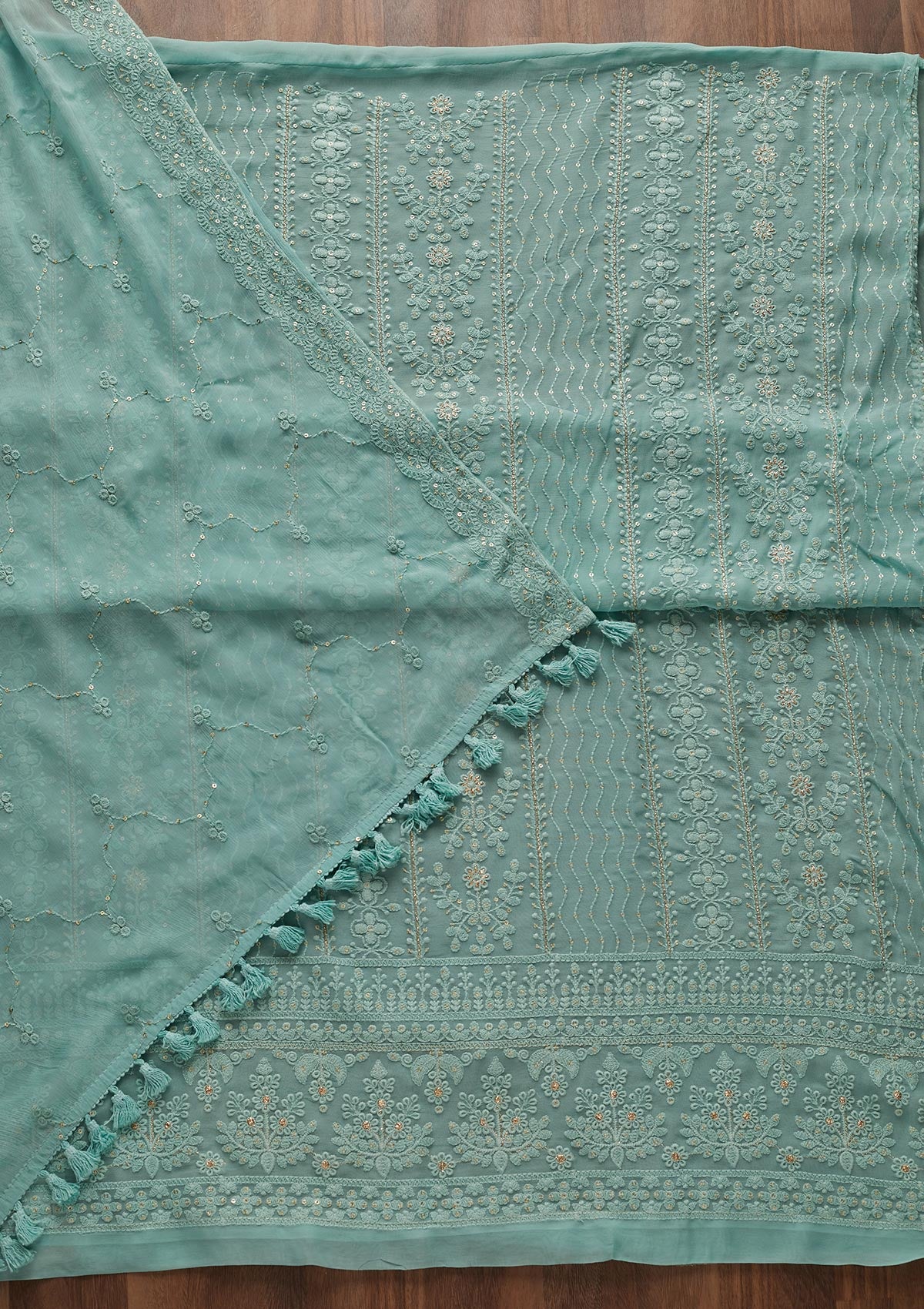 Sea Green Threadwork Georgette Designer Unstitched Salwar Suit - Koskii