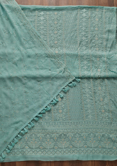 Sea Green Threadwork Georgette Designer Unstitched Salwar Suit - Koskii