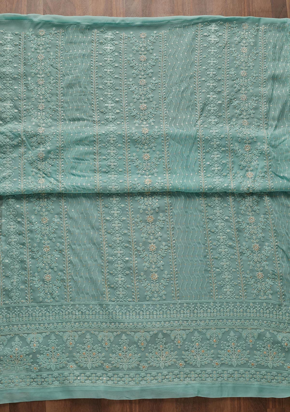 Sea Green Threadwork Georgette Designer Unstitched Salwar Suit - Koskii