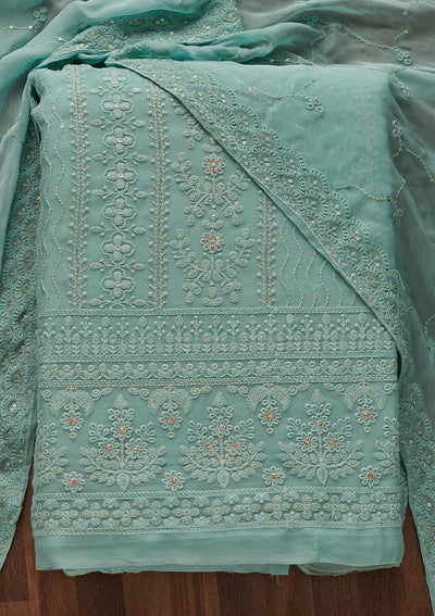 Sea Green Threadwork Georgette Designer Unstitched Salwar Suit - Koskii