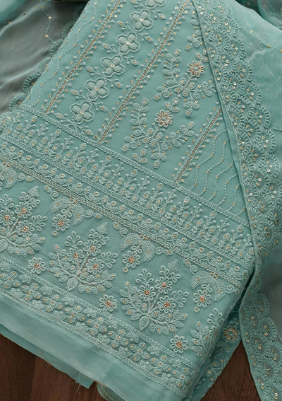 Sea Green Threadwork Georgette Designer Unstitched Salwar Suit - Koskii