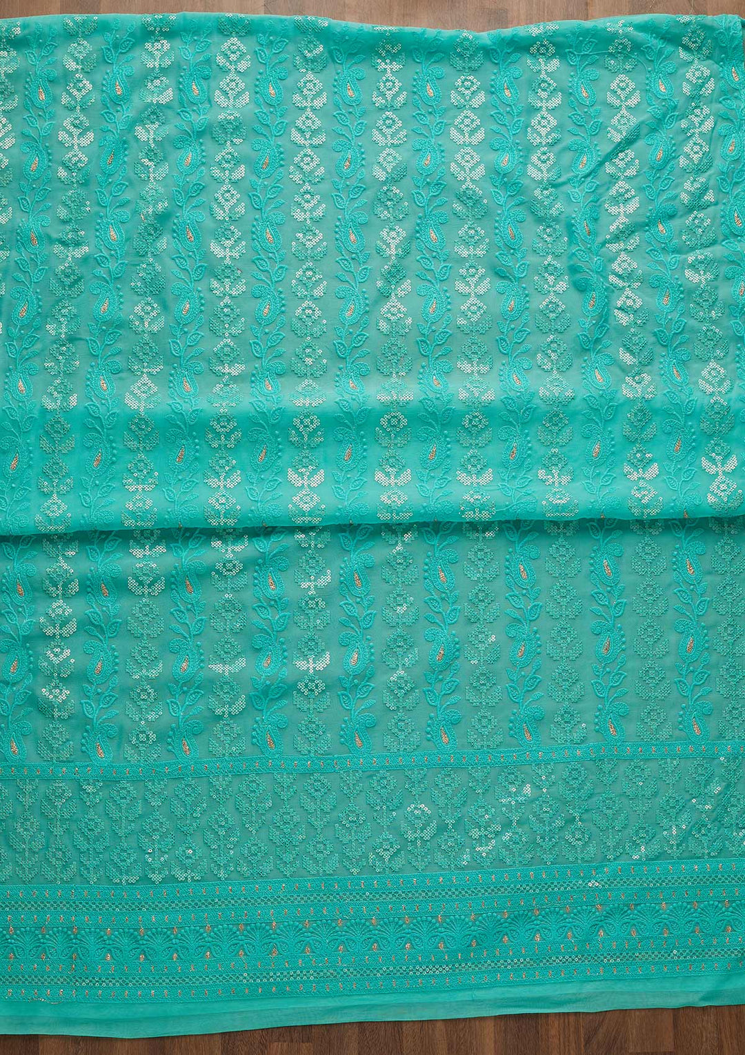 Sea Green Sequins Threadwork Georgette Unstitched Salwar Suit-Koskii
