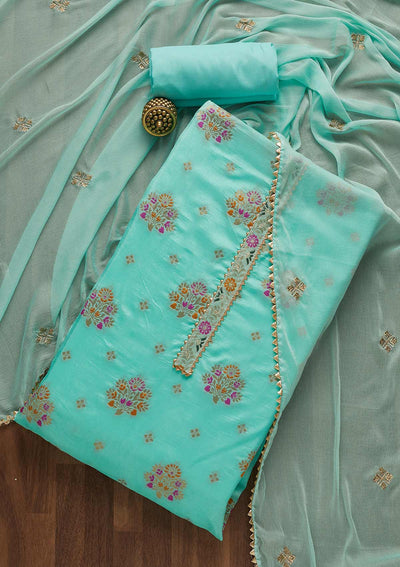Sea Green Zariwork Art Silk Unstitched Salwar Suit-Koskii