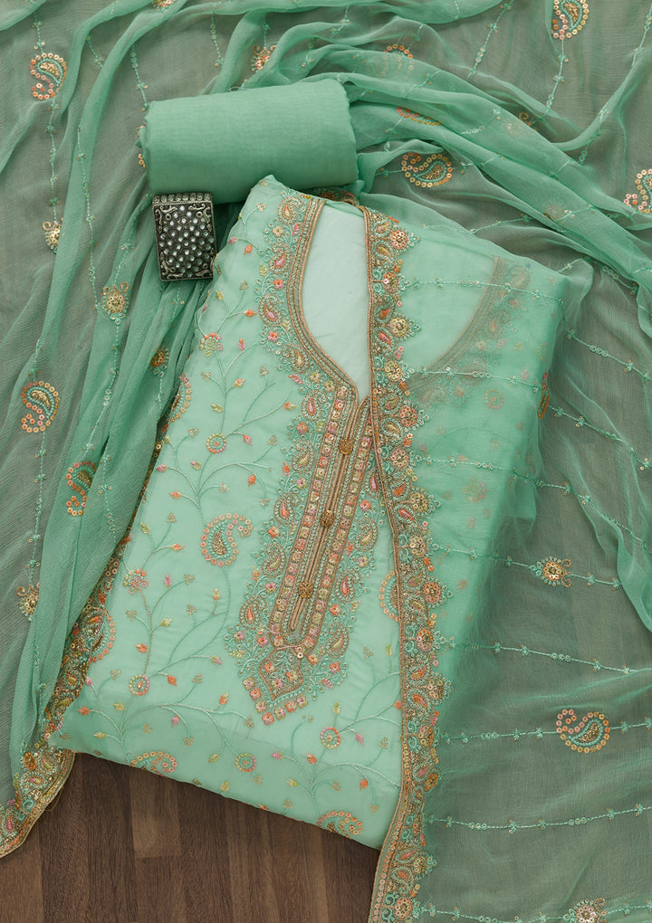 Sea Green Threadwork Georgette Unstitched Salwar Suit-Koskii
