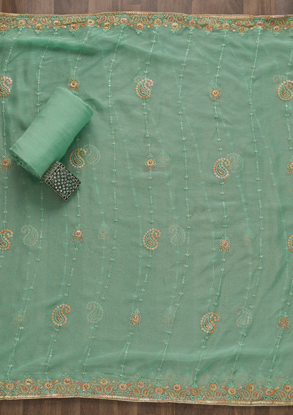 Sea Green Threadwork Georgette Unstitched Salwar Suit-Koskii