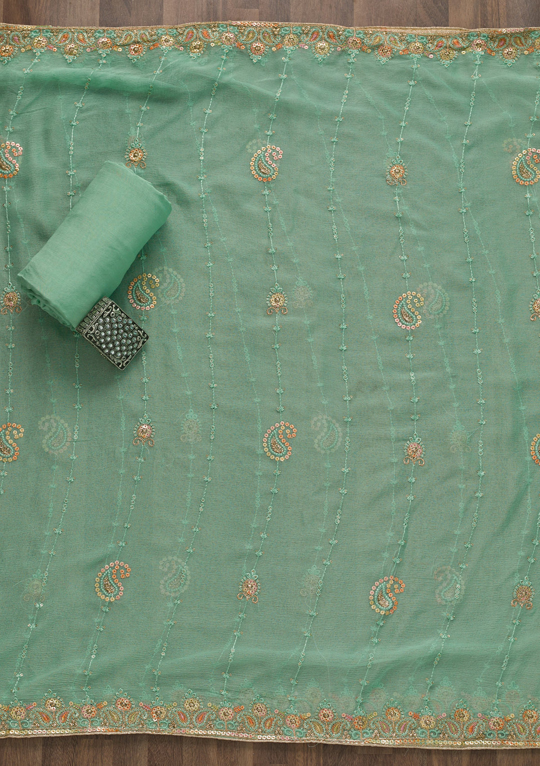 Sea Green Threadwork Georgette Unstitched Salwar Suit-Koskii