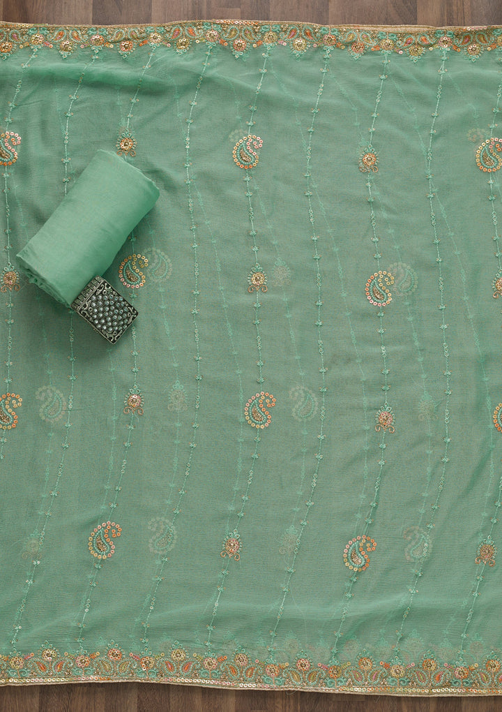 Sea Green Threadwork Georgette Unstitched Salwar Suit-Koskii