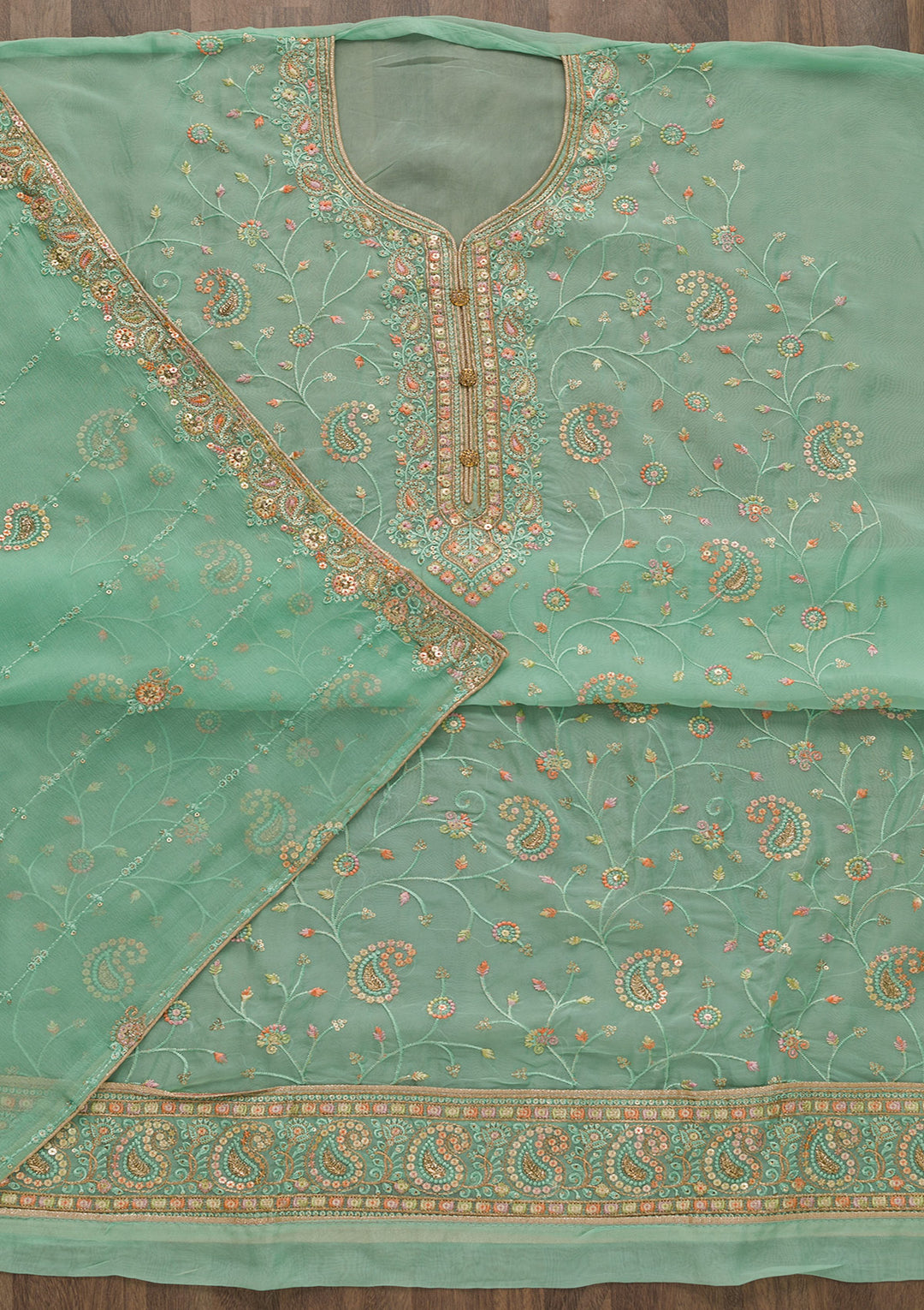 Sea Green Threadwork Georgette Unstitched Salwar Suit-Koskii