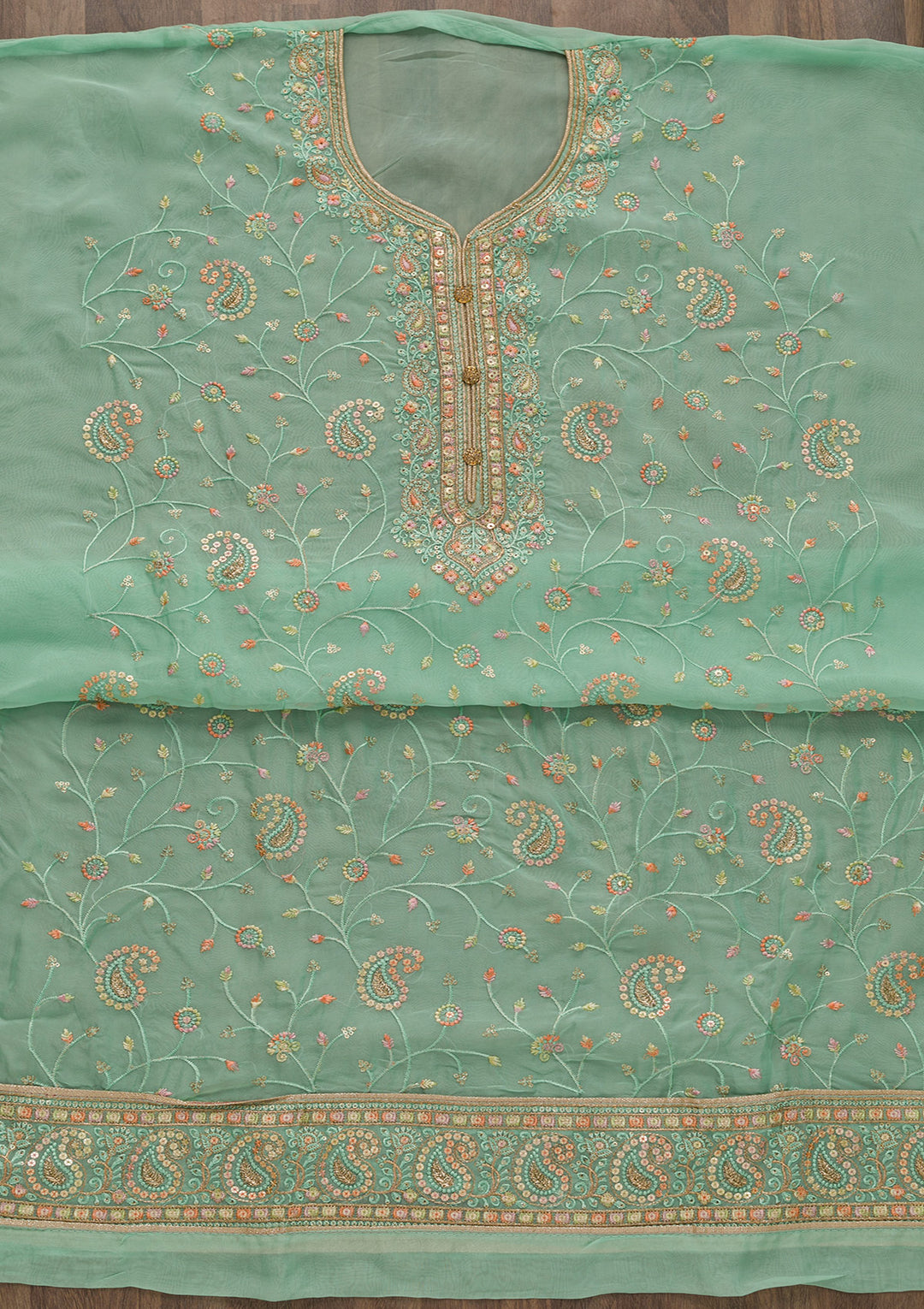 Sea Green Threadwork Georgette Unstitched Salwar Suit-Koskii