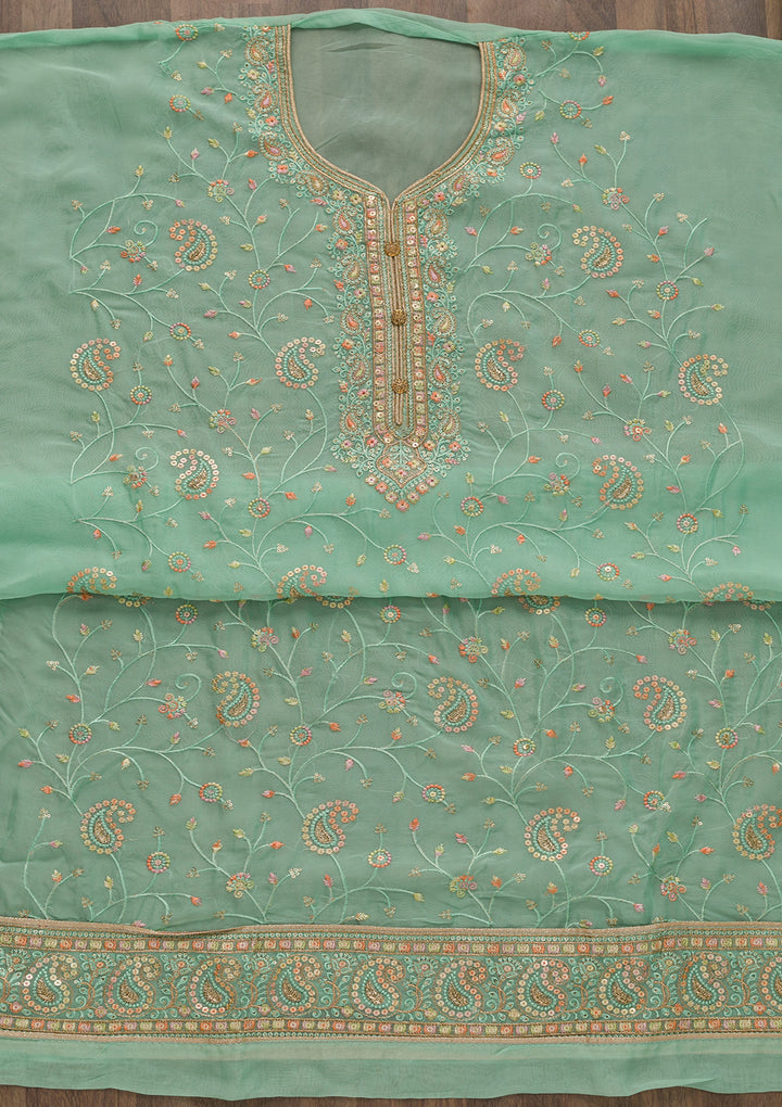 Sea Green Threadwork Georgette Unstitched Salwar Suit-Koskii