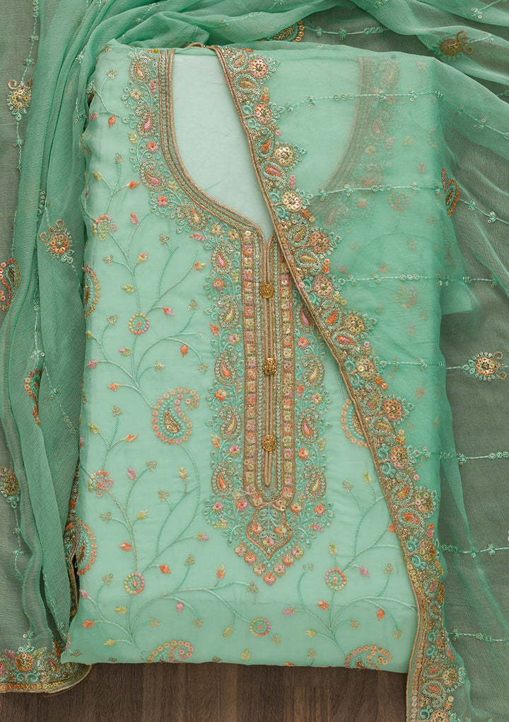 Sea Green Threadwork Georgette Unstitched Salwar Suit-Koskii