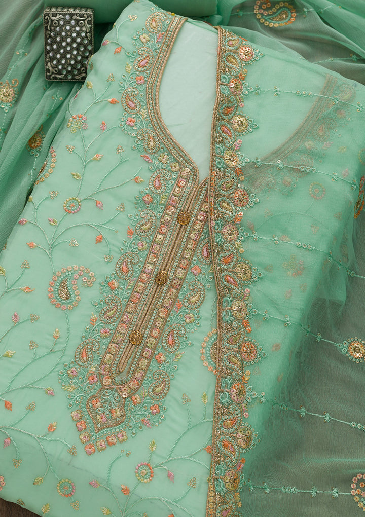 Sea Green Threadwork Georgette Unstitched Salwar Suit-Koskii