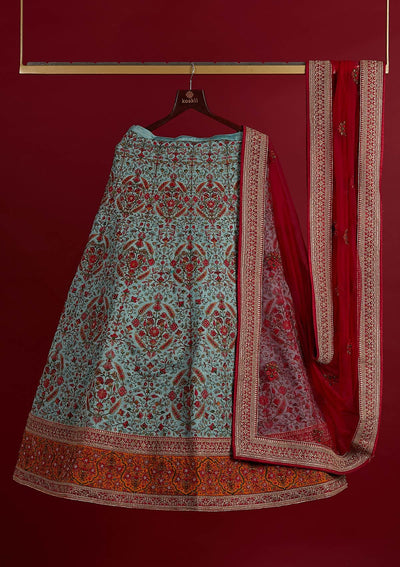 Sea Green Threadwork Raw Silk Designer Semi-Stitched Lehenga - koskii
