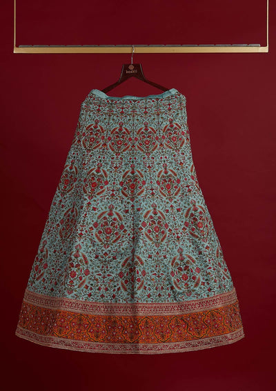 Sea Green Threadwork Raw Silk Designer Semi-Stitched Lehenga - koskii