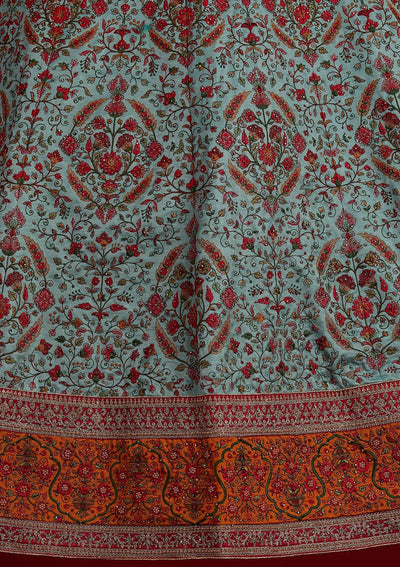 Sea Green Threadwork Raw Silk Designer Semi-Stitched Lehenga - koskii