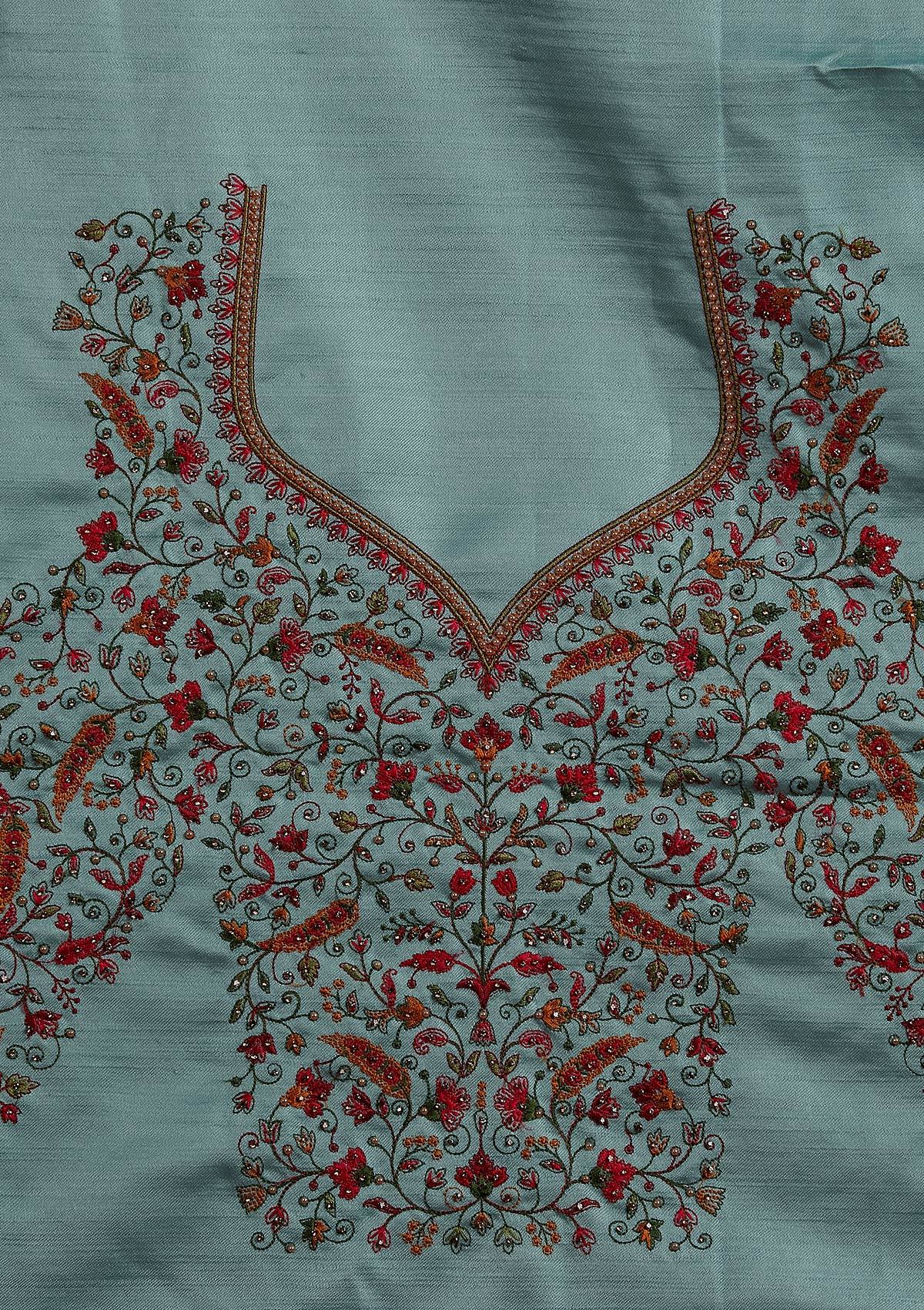 Sea Green Threadwork Raw Silk Designer Semi-Stitched Lehenga - koskii